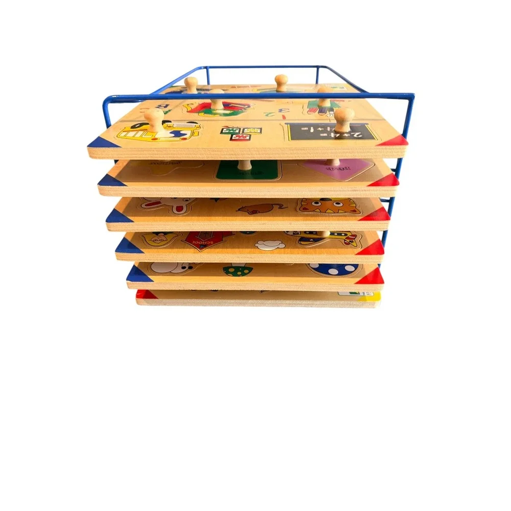 The Learning Journey Wooden Peg Puzzle Set of 6 with Blue Metal Storage Rack